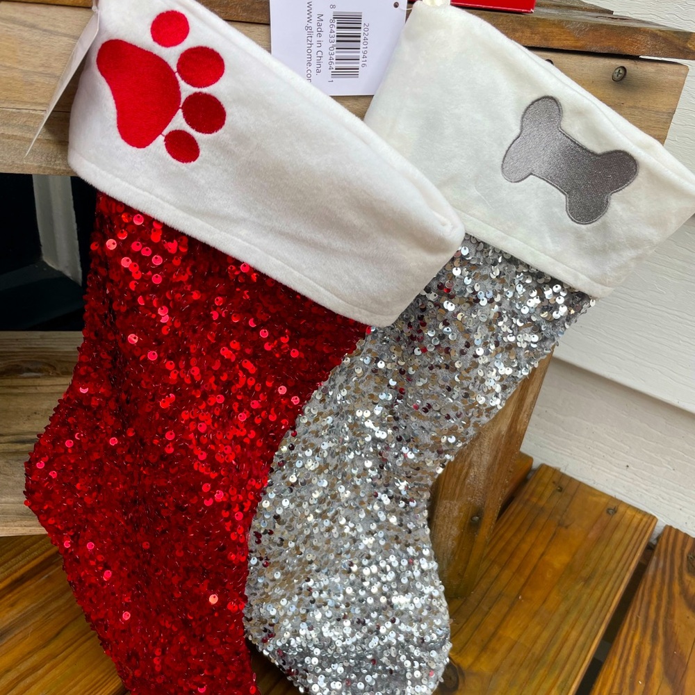 NWT Glitzhome 21"H Dog Bone Grey & Paw Red Sequin Stocking Animal Lovers